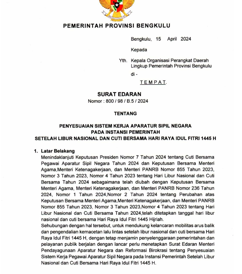 Cegah Kemacetan Arus Balik, Gubernur Rohidin: ASN Pemprov Bidang Teknis Boleh Gelar WFH