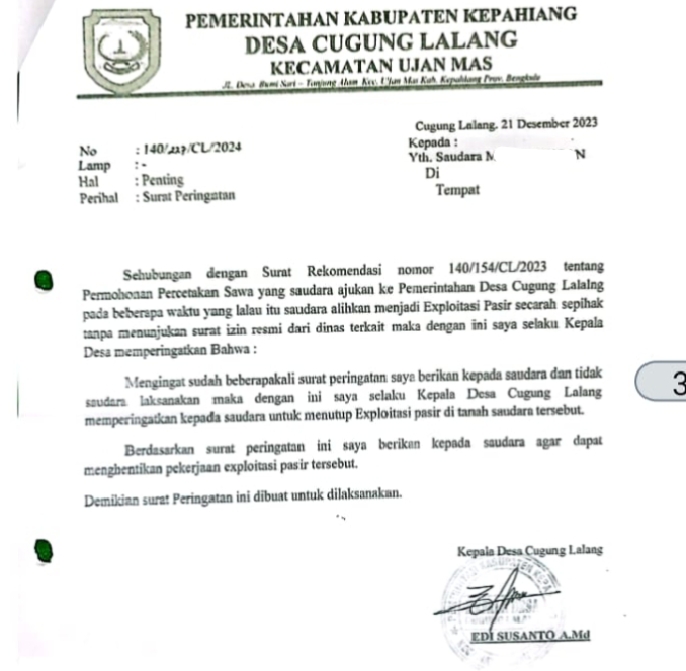 Lembaga Swadaya Masyarakat GENTA Keadilan Bengkulu Akan Usut Terkait Kegiatan Penambangan Pasir Desa Cugung Lalang
